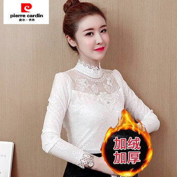 Pierre cardin 2024 new spring, summer and autumn lace bottoming shirt for women with velvet to keep warm and stylish blouse lace top long-sleeved t-shirt winter 886 white (style) plus velvet l recommended 95-110 pounds