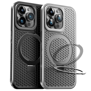 90% new, suitable for apple 12promax mobile phone case, iphone 12 pro max magnetic case, magsafe ice ring stand protective cover, frosted summer cooling and breathable - black