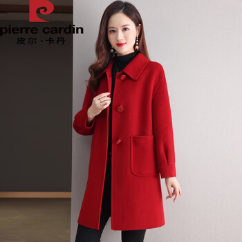 Pierre cardin red korean style double-sided woolen coat for women 2025 new mid-length high-end autumn and winter woolen coat french red size too large s recommended 100-125 catties