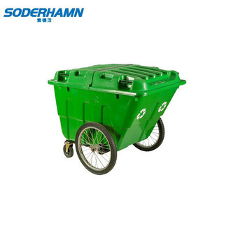 Sodhan plastic mobile trash can three-wheel sanitation body push garbage truck 400l green with cover and wheels 1 pc