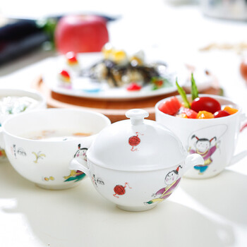 Huaguang national porcelain children's tableware antibacterial bone china baby healthy tableware miaoyintang children's bowl baby rice bowl 8-piece baby tableware