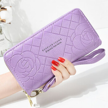 Kuqi kangaroo wallet women's long style 2025 chinese valentine's day atmosphere clutch bag multifunctional large capacity mobile phone bag wrist strap wallet can be added new purple (soft leather double pull)