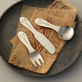 Worthbuy 304 stainless steel short-handled spoon and fork, children's round spoon, portable mini spoon, dessert spoon and fork tableware, hehe bear-ice cream round spoon