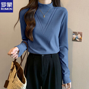 Romon 2025 autumn and winter new german velvet half-turtle collar bottoming shirt women's long-sleeved t-shirt inside slimming versatile warm top blue 2xl
