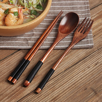 Moritani qiyun three-piece creative tableware set, solid wood long-handled couple's chopsticks, portable tableware, black line spoon, fork and chopstick set