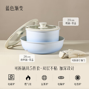 Carrot color removable handle non-stick pot household pot set wok soup pot induction cooker gas special gradient blue 5-piece set
