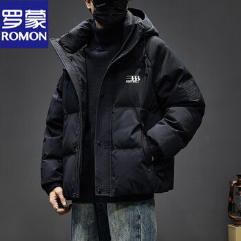 Romon down jacket men's autumn and winter new white duck down hooded thickened warm jacket young and middle-aged trendy brand bread jacket men black xl