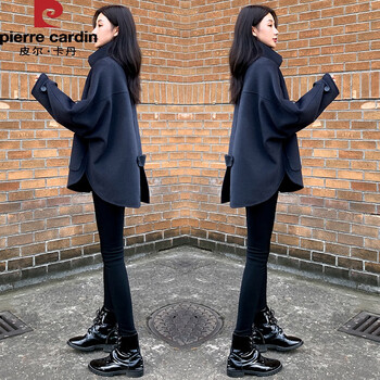 Pierre cardin double-sided cashmere short fashion woolen coat for women 2025 autumn and winter new style small loose woolen coat black l