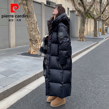 Pierre cardin black gold goose down long down jacket women's winter 2025 new loose northeast thickened hooded warm over-the-knee jacket black upgraded thickened version goose down m within 120 jin