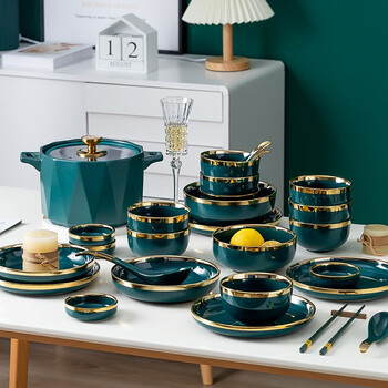 Guanpu bowl and dish set household jingdezhen ceramic bowl and plate light luxury high-end bowl set complete set of cutlery bowls and chopsticks plate set 20 pieces for 4 people in peacock green