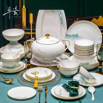 Jingci jingdezhen chinese bone china tableware set, chopsticks, plates and bowls, high-end home hotel, gift for moving to new home, only this green - hot pot | 6 people | 36 heads