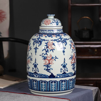 Gantu gongfang jingdezhen ceramic wine jar 20 catties antique sealed white wine jar hand-painted blue and white underglaze red bubble wine bottle 20 catties underglaze red winter melon bottle