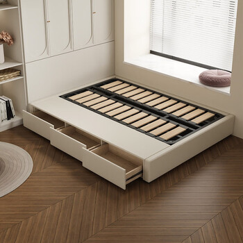 Jiajiu cream style bedless scalp bed modern simple light luxury minimalist floor-standing bedroom drawer storage bed edge-to-edge leather art bed drawer frame bed (30cm high) 1.5*2 meters without mattress