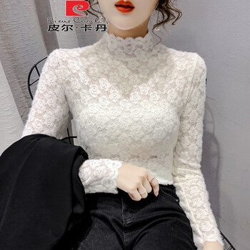 Pierre cardin brushed lace bottoming shirt for women 2025 autumn and winter plus velvet high-end western style inner shirt long-sleeved mesh top off-white s