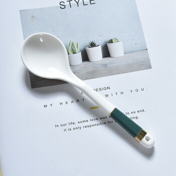 Cm live ceramic spoon small round spoon baby spoon rice spoon soup spoon one set household spoon long handle high appearance internet celebrity ins couple style round spoon emerald 1