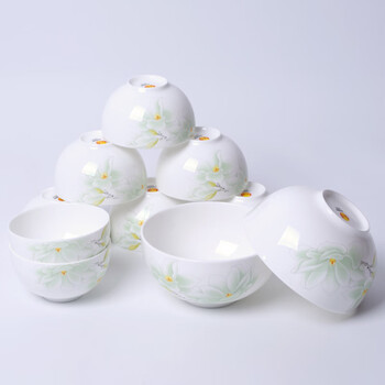 Huaguang national porcelain bone china bowl set antibacterial glaze chinese style household rice bowl and noodle bowl set 10 pieces white magnolia 4.5 inches 8 pieces + 6 inch noodle bowls 2 pieces
