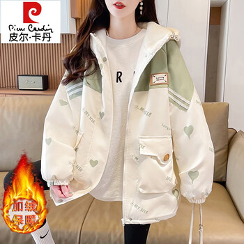 Pierre cardin velvet thickened work jacket for girls autumn and winter 2025 new junior and high school students casual printed lamb wool cotton coat green velvet thick l