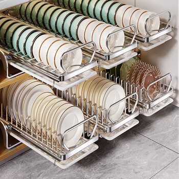 Duopeng kitchen dish storage rack drain bowl rack stainless steel cabinet drawer-type pull basket for dishes and chopsticks storage rack 11 bowls 14 plates 42cm dish rack + dish rack without chopstick barrel gray drain pan