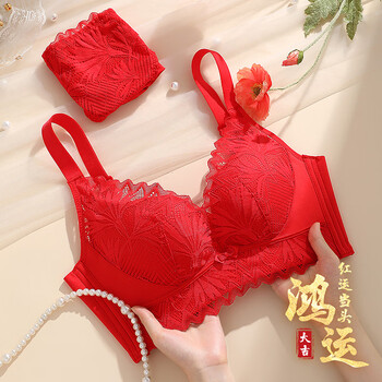 June rose underwear women's new wireless bra zodiac year of the snake sexy lace seamless red bra set red (set) 70a