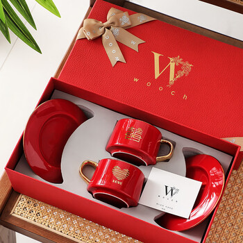 Wooch happy brows wedding gift red festive gold-painted coffee pair of cups and saucers gift box engagement accompaniment for housewarming gifts happy brows series-囍+ joy+red gift box