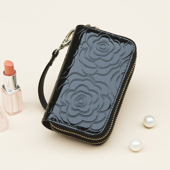 Sharelove fashion patent leather key bag women's large capacity double-layer zipper coin bag with card slot 2023 new fashion black diamond, short double pull key bag