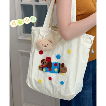 Xingxi women's bag korean version ins cute versatile shoulder bag canvas bag large capacity student class commuting casual tote bag white polka dot puppy