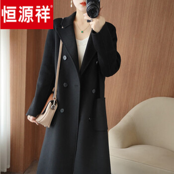 Hengyuanxiang double-sided woolen cashmere coat for women mid-length double-breasted solid color 100 wool thickened woolen coat autumn and winter new style black buttoned without belt m 110-130 catties
