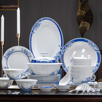Fuyu jingdezhen high-end dishes set household chinese simple tableware bowls and plates housewarming wedding gift qingshui hibiscus 30 pieces