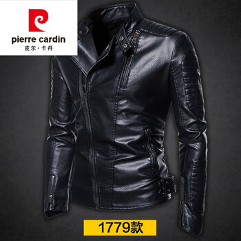 Pierre cardin high-end brand men's clothing, leather jacket, men's genuine leather sheepskin jacket, stand-up collar, diagonal zipper, slim-fitting cycling jersey, motorcycle jacket, autumn and winter knitted elegant black 1779 main picture style, stand-up collar, velvet lining, l suitable for 116-130 pounds
