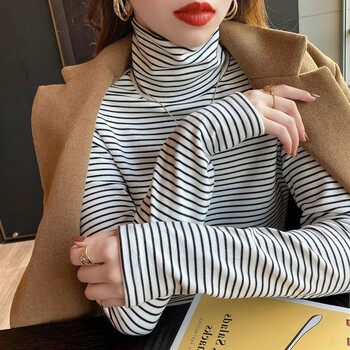 Duodiyashang contrasting striped turtleneck bottoming shirt for women 2023 autumn and winter new elastic top double-sided long-sleeved inner sweater for women black and white stripes