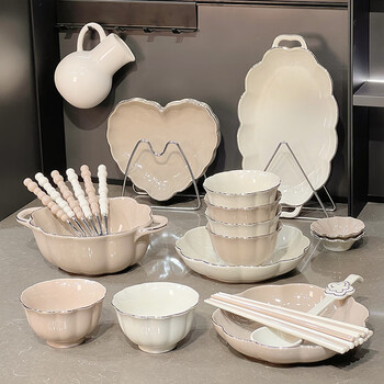 Xibaisheng high-looking bowl set household solid color simple dishes, plates, chopsticks combination light luxury high-end housewarming tableware complete set 4-6 people food 27-piece set 1235