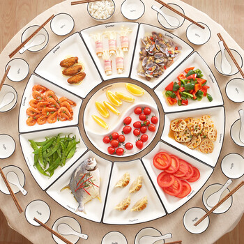 Dingdan platter tableware combination household reunion fan-shaped platter creative round table plate set dinner ceramic plate dish black line platter-10 pieces + tai chi plate