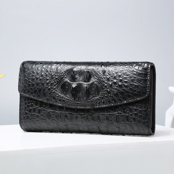 Gavadi large capacity tri-fold crocodile leather wallet women's long 2024 new women's genuine leather handbag multifunctional wallet coin purse black - head