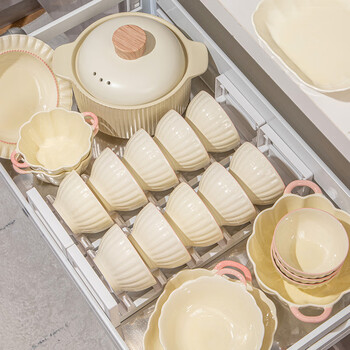 Kangmo bowl household set 2025 new high-looking cream style ceramic bowls, plates and tableware complete set of 26 pieces of romantic pink and white