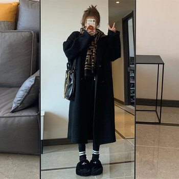 Garnuo hepburn style black double-sided wool coat for women 2025 new autumn and winter high-end small woolen coat black m 111-130 pounds