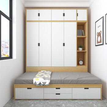 Pingzi integrated tatami side wardrobe combination small apartment high box multi-functional storage bed enf grade paint-free board customization yellow oak color 1.0m wide tatami + wardrobe (total width 1.5m)