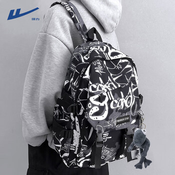 Warrior trendy brand backpack for men ins trendy large capacity graffiti backpack men's casual college student schoolbag male junior high school students black single bag without pendants