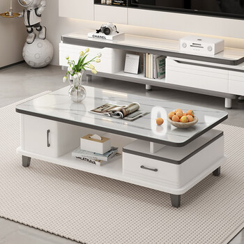 Muga coffee table living room light luxury and high-end sense 2024 new slate tea table modern small apartment square tea table tempered glass 120*60*41 warm white + texture self-assembly free tools