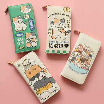 Chenwen children's wallet women's long zipper large capacity large cash slot mobile phone storage bag student cute children's card holder hand-held long wallet superimposed fat cat