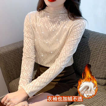 Ye zifeng velvet thickened bottoming shirt for women 2025 spring and autumn new style half-high collar lace inner slim fit women's top, apricot (velvet thickened) l
