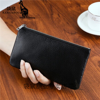 Kangaroo first layer cowhide qixi genuine leather long women's wallet card mobile phone bag soft leather simple wallet zipper bag small black