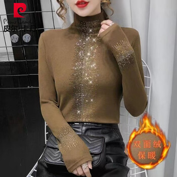 Pierre cardin half turtle collar german velvet bottoming shirt for women 2025 autumn and winter new style thickened velvet belly covering slim fit fashion top for women coffee color (diamonds on the sleeves) m recommended 90-105 catties