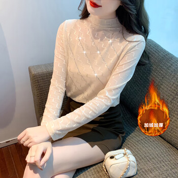 Ye zifeng's bottoming shirt for women 2025 spring new style half-high collar lace thickened velvet inner style women's top, apricot (thick velvet) s