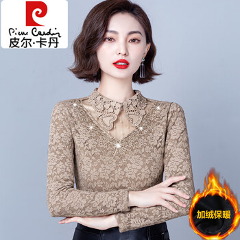 Pierre cardin lace velvet bottoming shirt women's long sleeve autumn and winter new style small shirt high-end temperament middle-aged mom age reducing top camel (style) velvet xl suitable for 105-115 jin