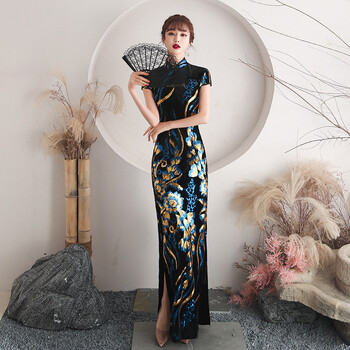 Should velvet cheongsam long performance catwalk cheongsam young autumn chinese style improved retro dress elegant black 1256 m