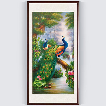 Bieying entrance peacock cross stitch new style embroidery peacock green light forest vertical version living room aisle entrance door full embroidery thread embroidery handmade 100*50 cm medium grid/cotton thread/full embroidery without outer frame