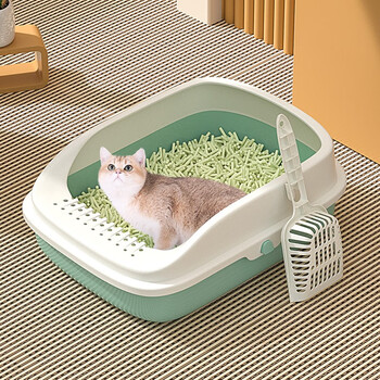 Hanhan pet cat litter box extra large cat toilet semi-enclosed cat litter box kitten adult cat anti-splash cat poop box cat supplies tea green small size