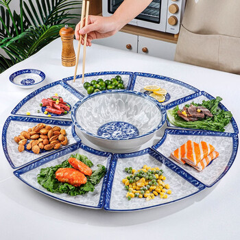 Huaixian blue and white porcelain fan-shaped plate large soup bowl combination platter tableware creative presentation reunion party fan-shaped plate cooking plate 8 fan-shaped plates + 1 soup ancient blue and white porcelain 8 inches