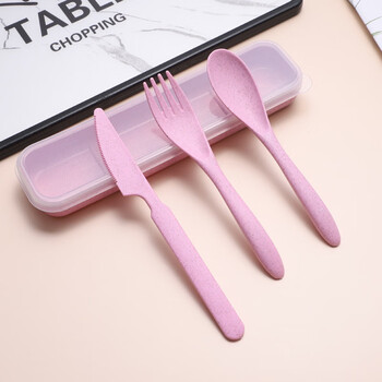 Yunmian children's western food knife and fork wheat straw three-piece portable tableware set household anti-fall cute ins plastic fork nordic powder knife, fork and spoon with box