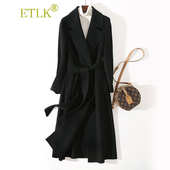 Etlk high-end double-sided woolen coat women's long slim fit 2025 autumn and winter new temperament hepburn style woolen coat black timeless classic (not picky, main recommendation) m 105-115 catties